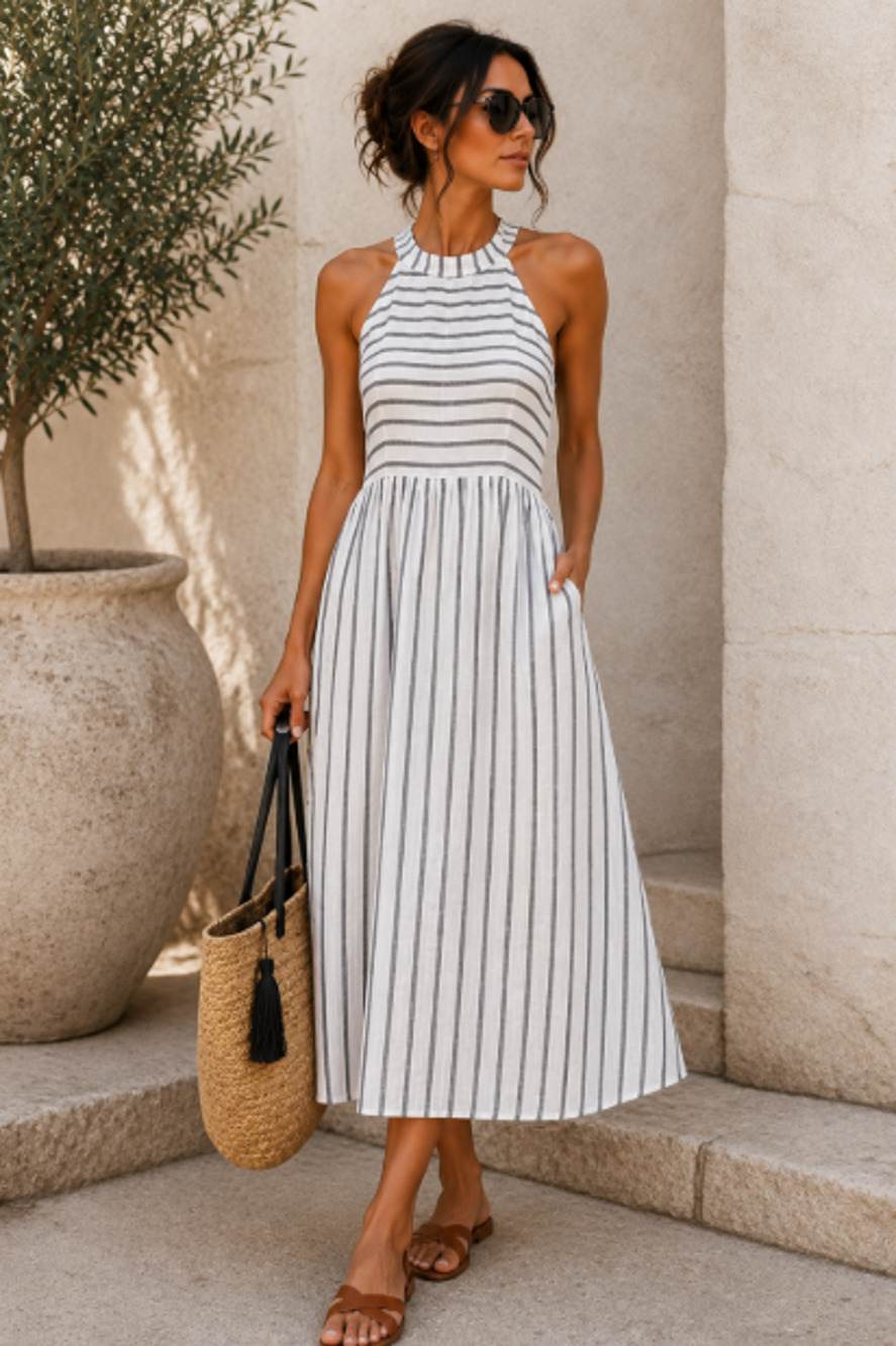 NWT Lungno L'Arno Italy White Striped Linen Midi Dress Sz M Euro Vacation Beach